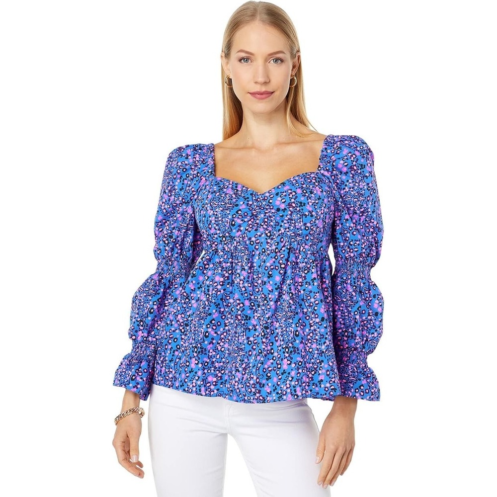 Lilly Pulitzer Blue Pink Leopard Floral Peplum Top Smocked Puff Sleeve Size 8